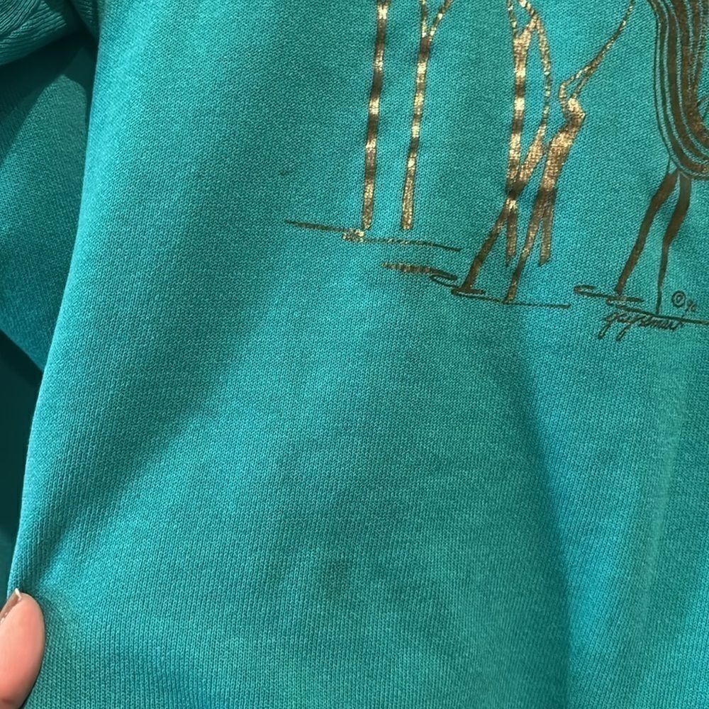 Vintage 1980S METALLIC HORSE Couple SWEATSHIRT Turquoise Hanes Large‌ - Picture 3 of 10